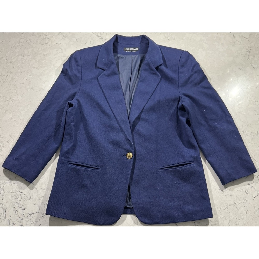 VTG 90s Savannah Blazer Jacket Womens 16 Navy Blue 100% Wool Gold Button Preppy